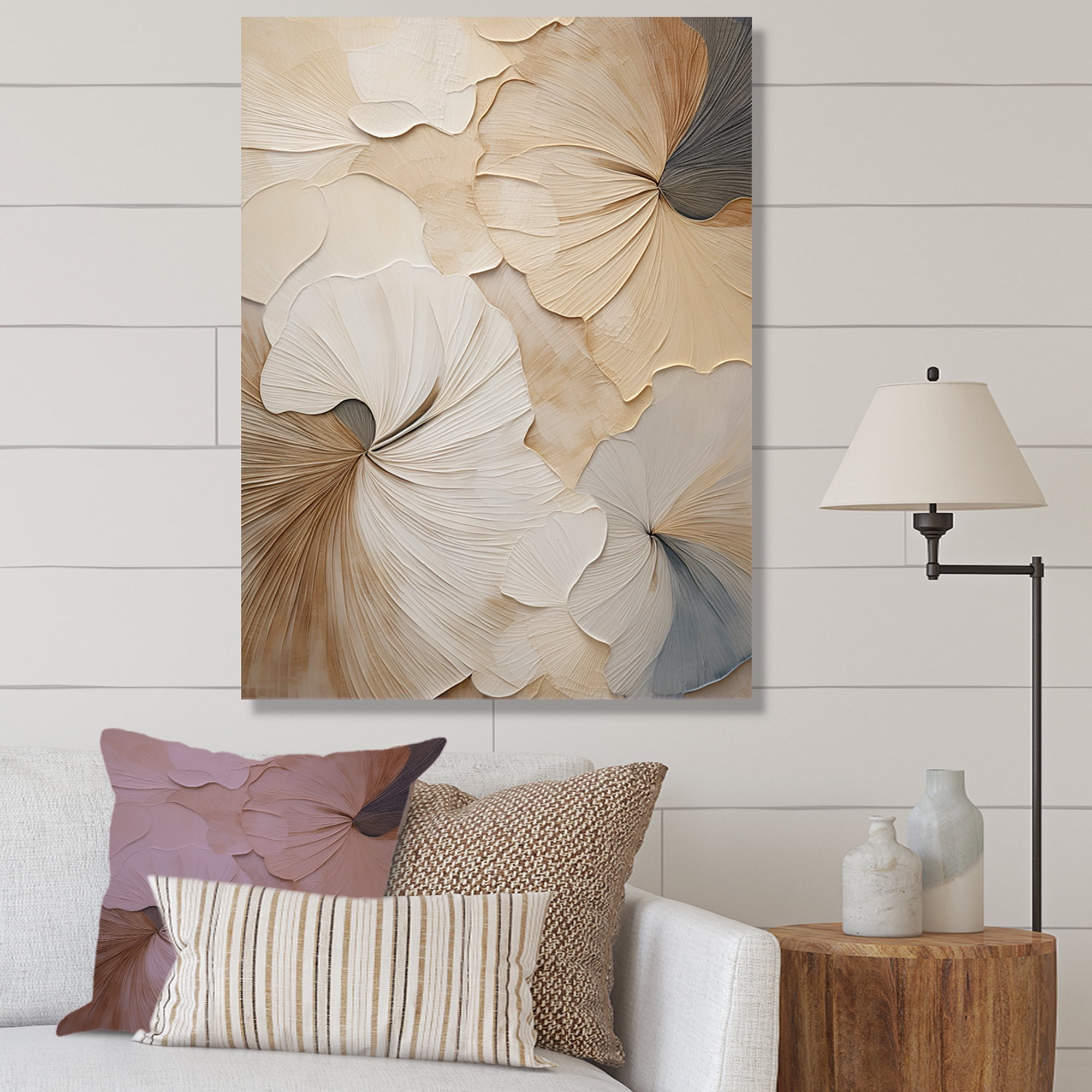 Beige and Gray Floral Canvas Print with Pine Frame