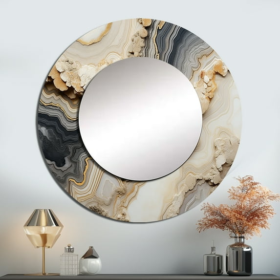 Designart "Subtle Grey Orange Geode" Stone Geode Rund Mirror For Wall Decor - Large Beige Round Printed Mirror -Traditional Round Living Room Mirror - 23" x 23"