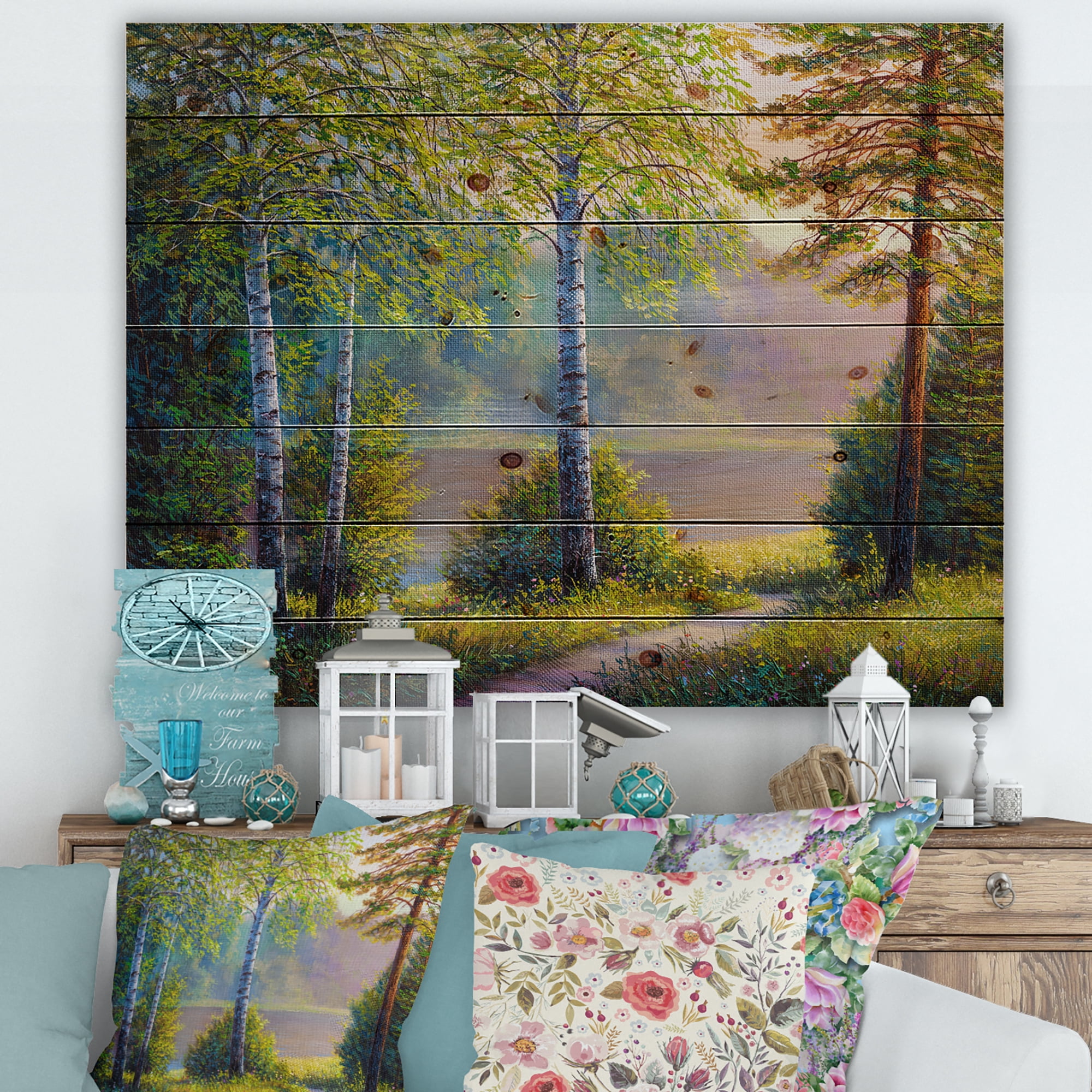 Designart 'Subtle Sunset Light Through The Trees I' Traditional Print on Natural Pine Wood