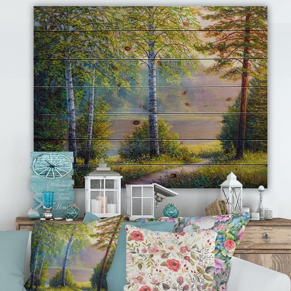 Designart 'Subtle Sunset Light Through The Trees I' Traditional Print on Natural Pine Wood