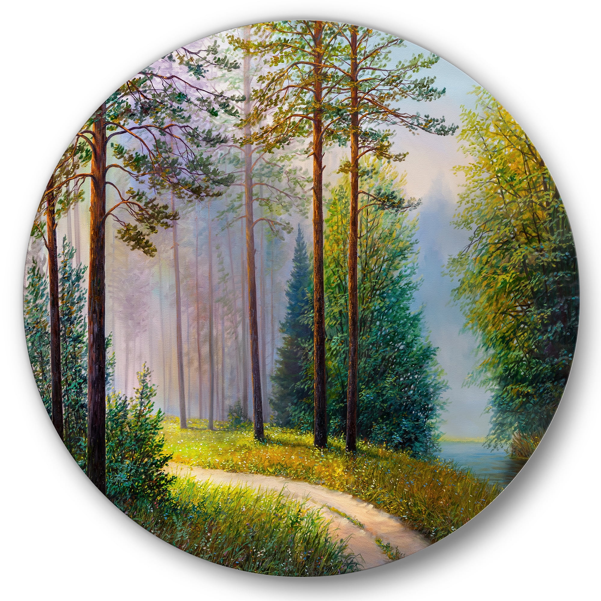 Designart 'Subtle Sunset Light Through The Trees II' Lake House Circle Metal Wall Art 36x36 - Disc of 36