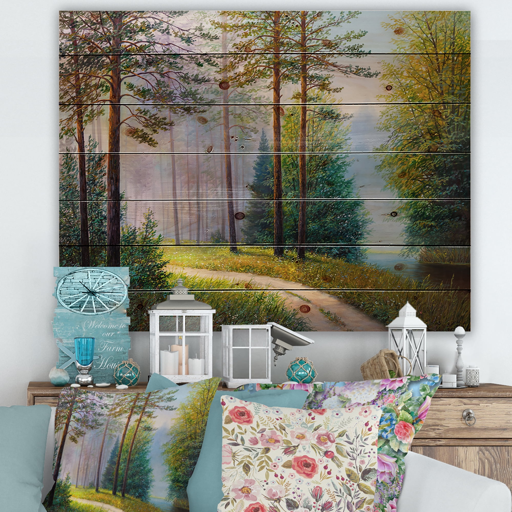 Designart 'Subtle Sunset Light Through The Trees II' Lake House Print on Natural Pine Wood