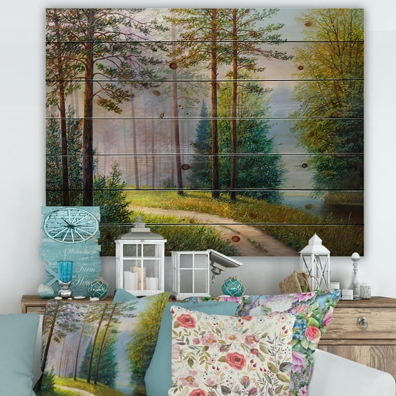 Designart 'Subtle Sunset Light Through The Trees II' Lake House Print on Natural Pine Wood