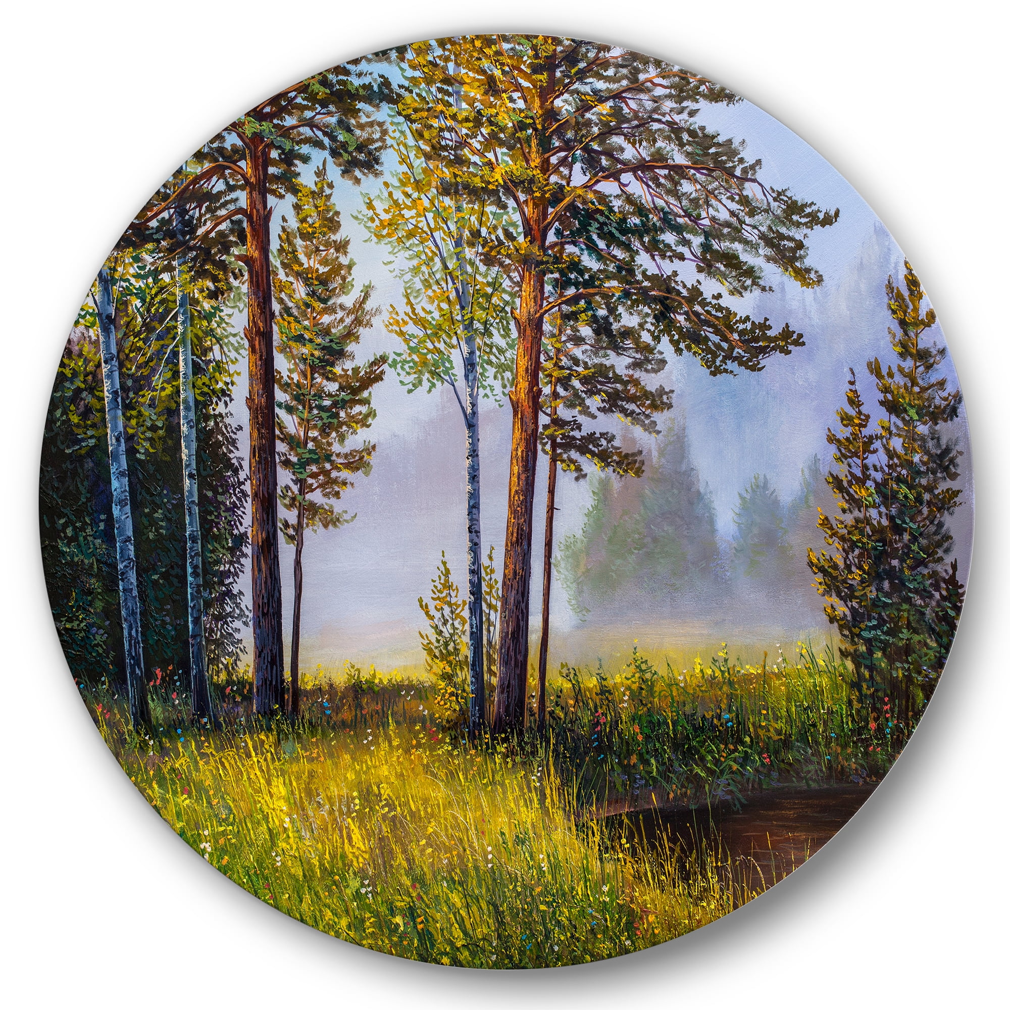 Designart 'Subtle Sunset Light Through The Trees III' Lake House Circle Metal Wall Art 29x29 - Disc of 29
