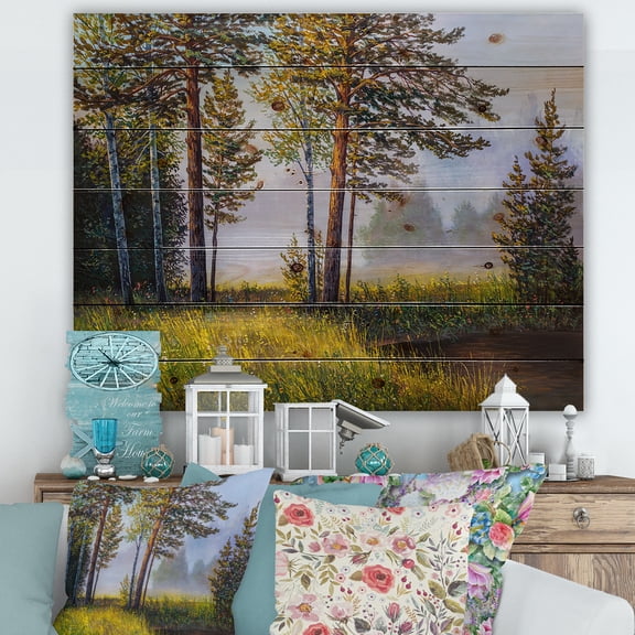 Designart 'Subtle Sunset Light Through The Trees III' Lake House Print on Natural Pine Wood