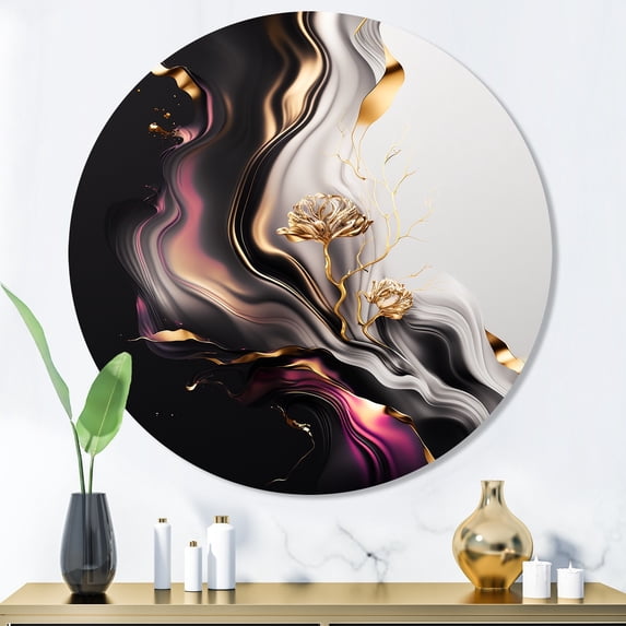 Designart "Subtle Symmetry in Gold and Black" Abstract Metal Round Wall Art Prints