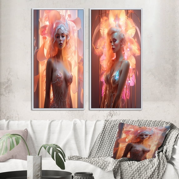 Designart "Subtly Sensual Pink Cabaret Dancer I" Fashion Woman Framed Wall Art Set Of 2 - Glam Pink Gallery Wall Frame Set For Home Decor