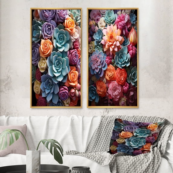 Designart "Succulent Delight Blue and Yellow Succulents" Succulent Framed Wall Art Set Of 2 - Multi-Color Floral Frame Gallery Set For Office Decor