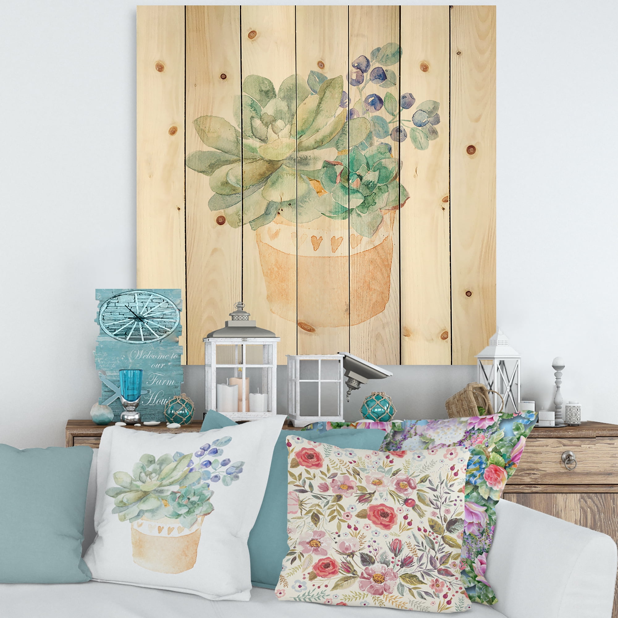 Designart 'Succulent Flower In Terracotta Clypot II' Traditional Print on Natural Pine Wood