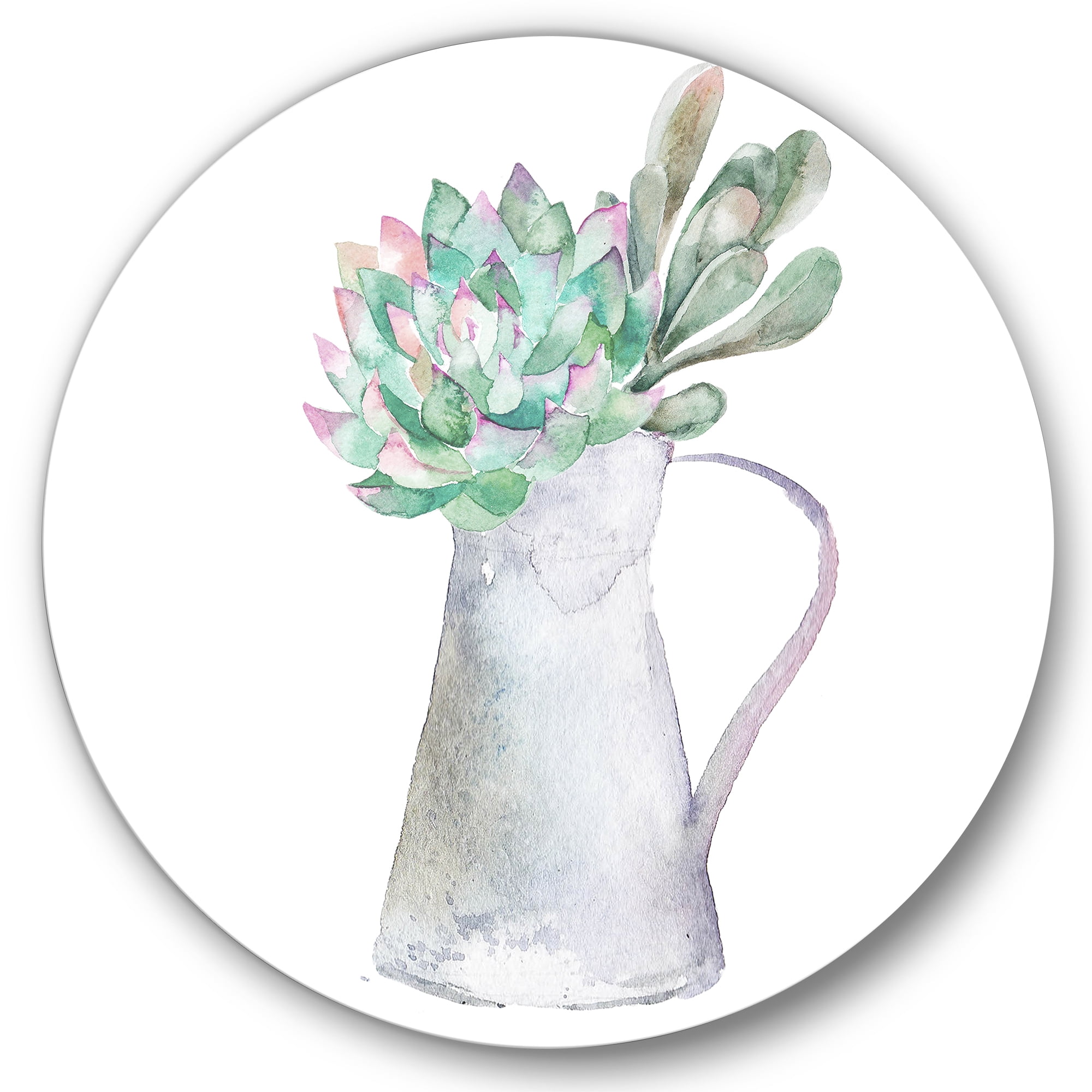 Designart 'Succulent Home Plant In Jug' Traditional Circle Metal Wall Art 36x36 - Disc of 36