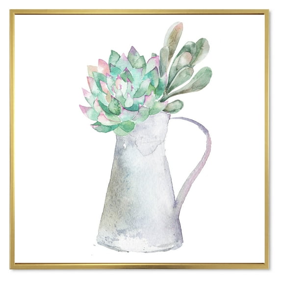 Designart 'Succulent Home Plant In Jug' Traditional Framed Canvas Wall Art Print