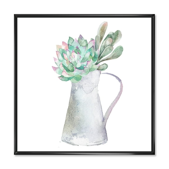 Designart 'Succulent Home Plant In Jug' Traditional Framed Canvas Wall Art Print