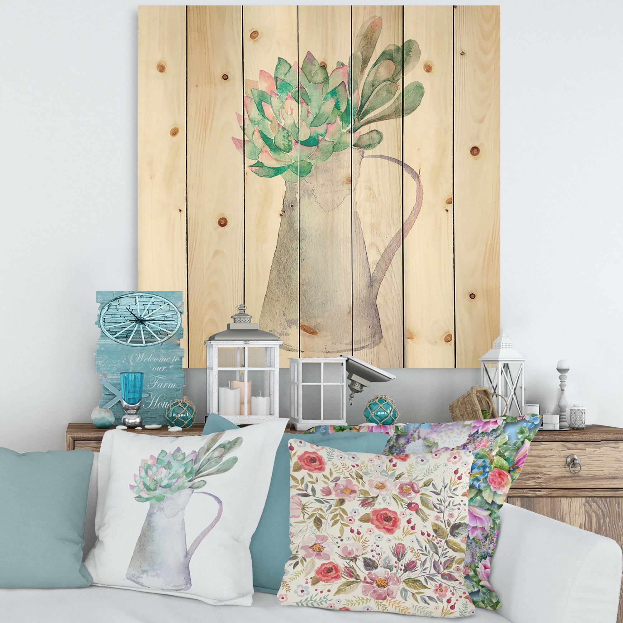 Designart 'Succulent Home Plant In Jug' Traditional Print on Natural Pine Wood