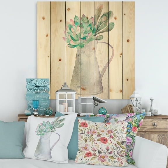 Designart 'Succulent Home Plant In Jug' Traditional Print on Natural Pine Wood