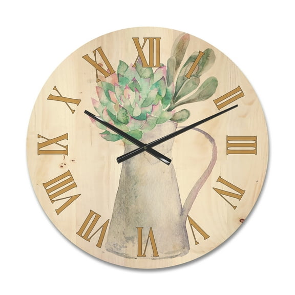 Designart 'Succulent Home Plant In Jug' Traditional Wood Wall Clock