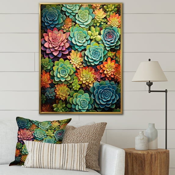 Designart "Succulent Mosaic Artistry" Floral & Botanical Floater Framed Wall Art Living Room