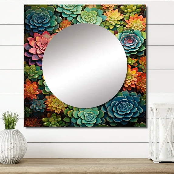 Designart "Succulent Mosaic Artistry" Floral & Botanical Square Mirror For Wall Decor - Large Multi-Color Square Mirror Printed Wall Decor - Traditional Square Living Room Mirror