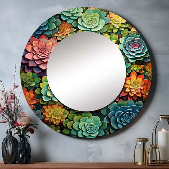 Designart "Succulent Mosaic Artistry" Floral Rund Mirror For Wall Decor - Large Multi-Color Round Print Mirror - Round Traditional Mirror - Wall Mounted Round Large Mirror - 23" x 23"