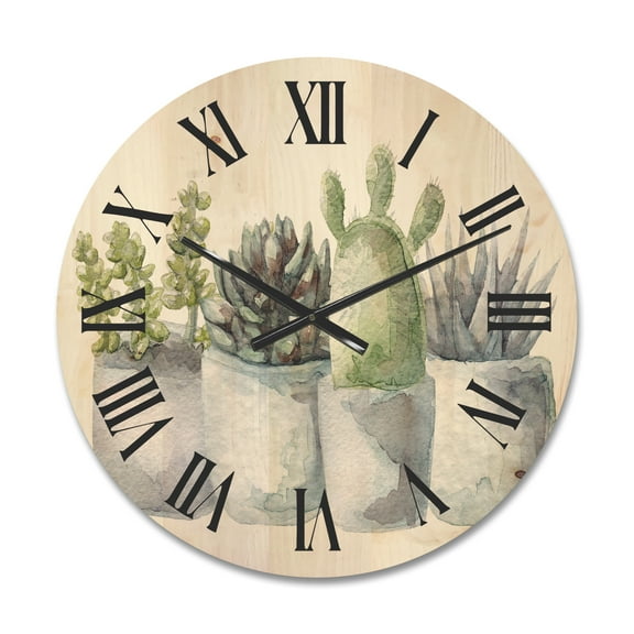Designart 'Succulent and Cactus House Plants I' Farmhouse Wood Wall Clock