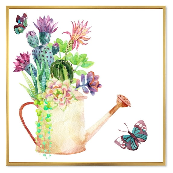 Designart 'Succulents In Old Watering Can With Butterfly' Farmhouse Framed Canvas Wall Art Print