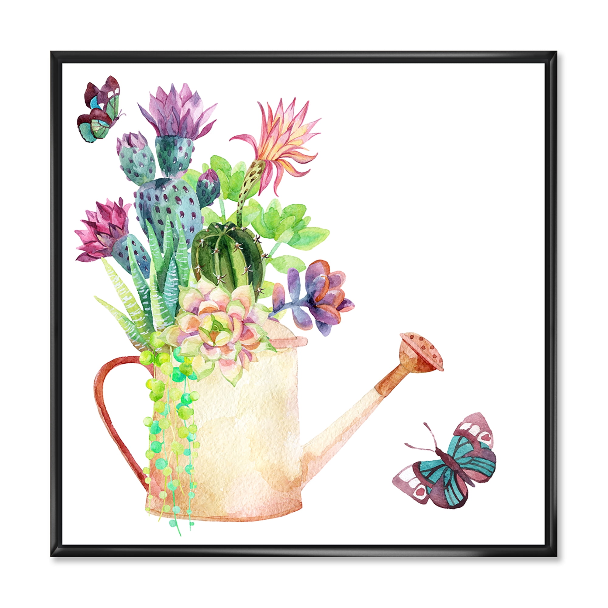 Designart 'Succulents In Old Watering Can With Butterfly' Farmhouse Framed Canvas Wall Art Print