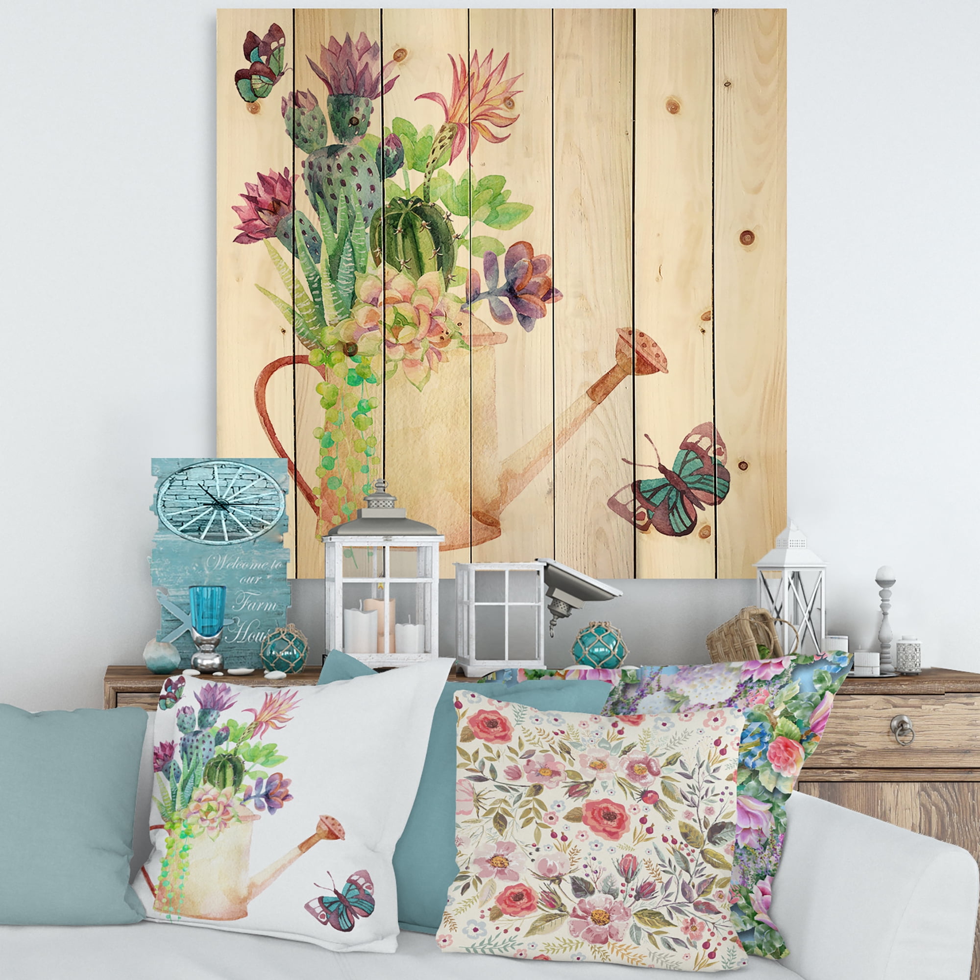 Designart 'Succulents In Old Watering Can With Butterfly' Farmhouse Print on Natural Pine Wood