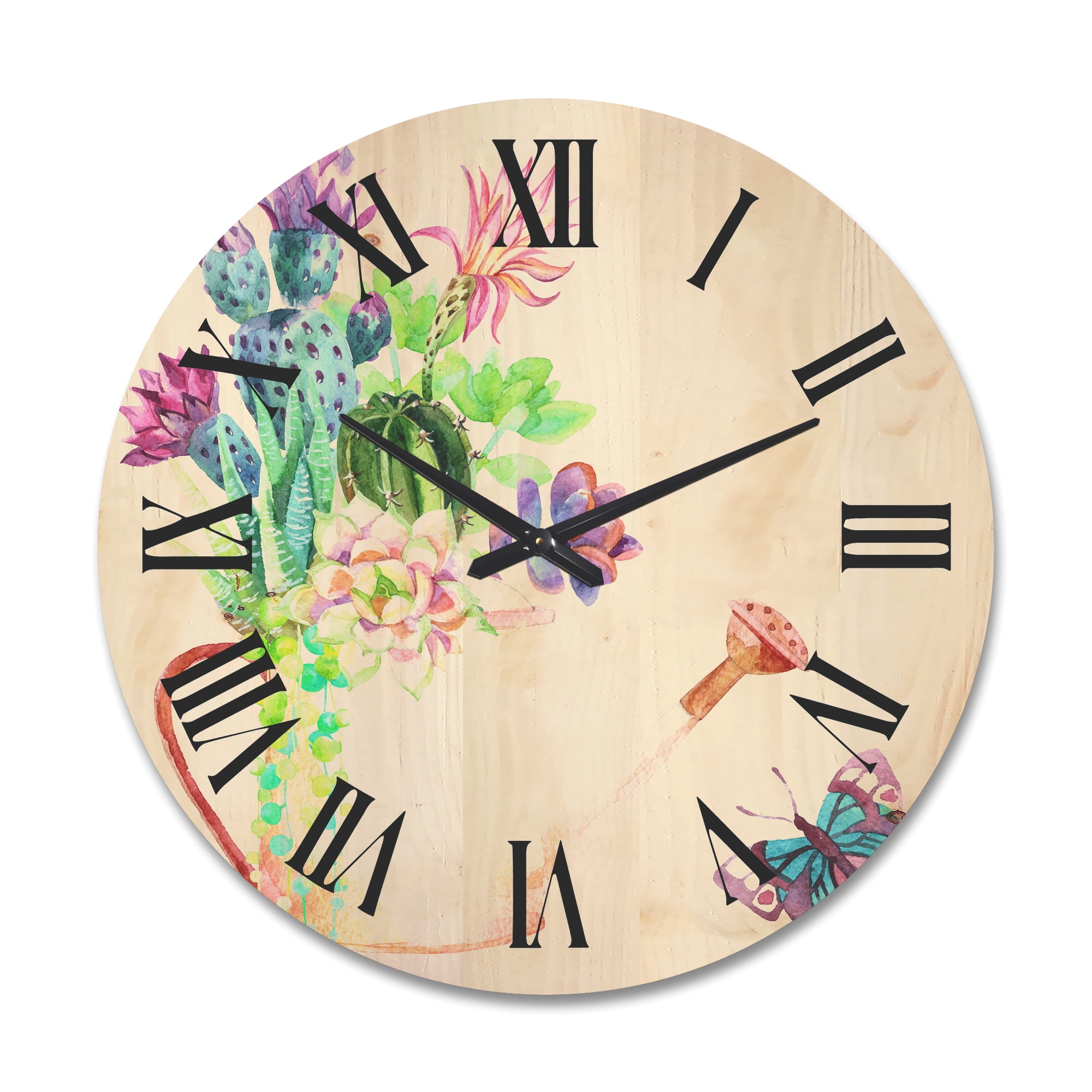 Designart 'Succulents In Old Watering Can With Butterfly' Farmhouse Wood Wall Clock