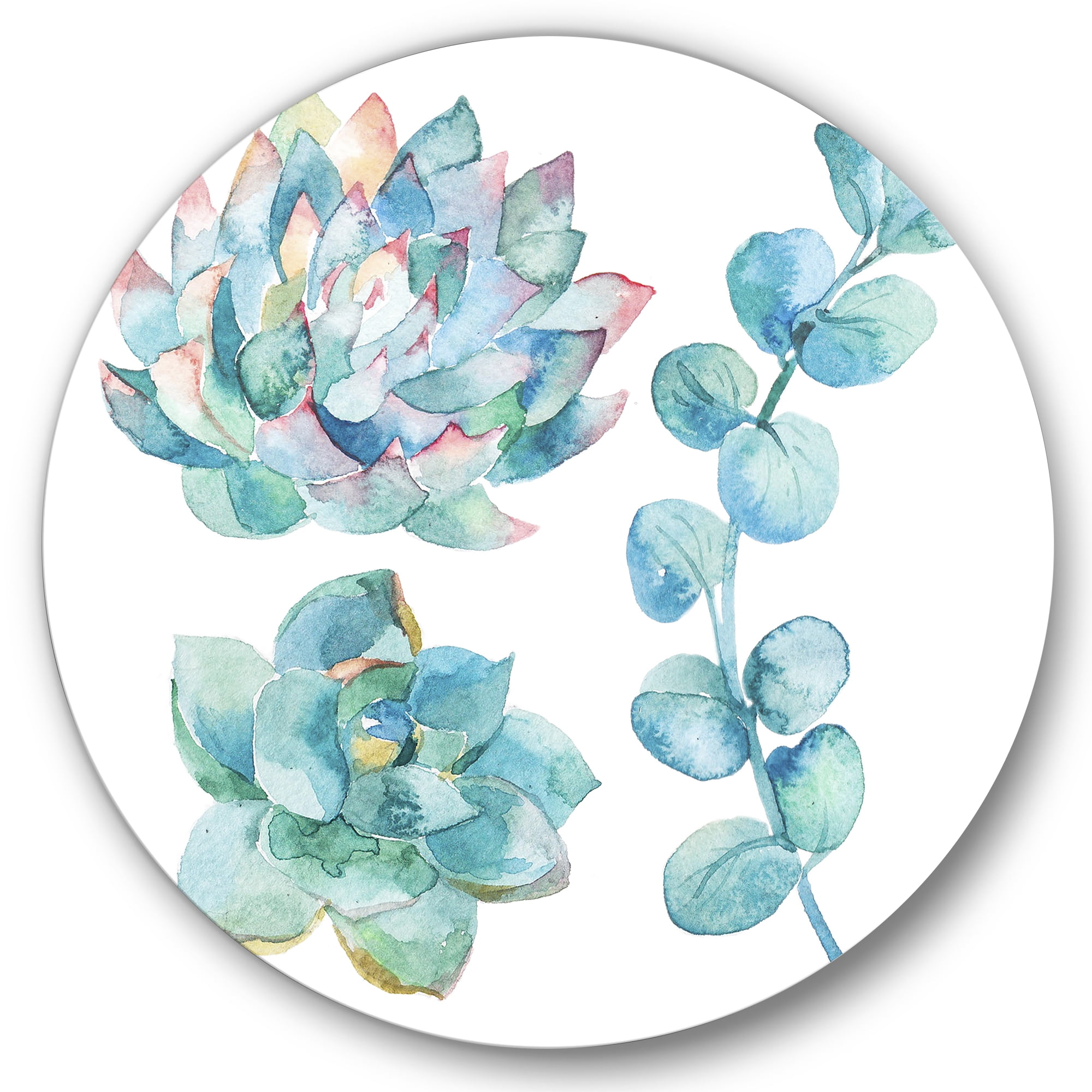 Designart 'Succulents and Eucalyptus Leaves' Traditional Circle Metal Wall Art 29x29 - Disc of 29