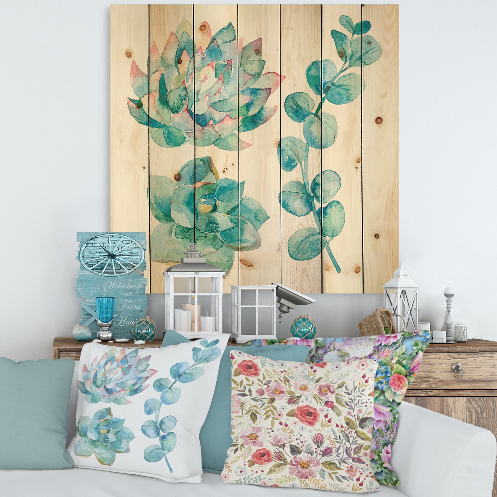 Designart 'Succulents and Eucalyptus Leaves' Traditional Print on Natural Pine Wood