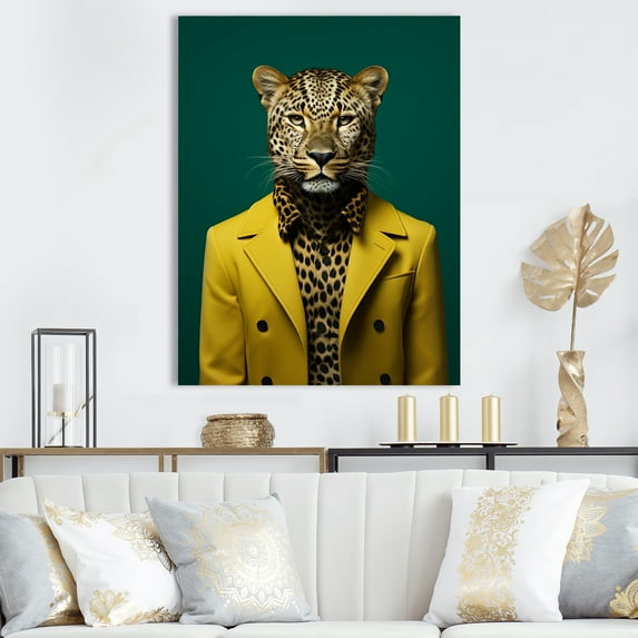 Designart "Suited Cheetah Yellow and Green Elegance" Animals Canvas Wall Art - Traditional Yellow Tiger Fashion Entryway Wall Art Print
