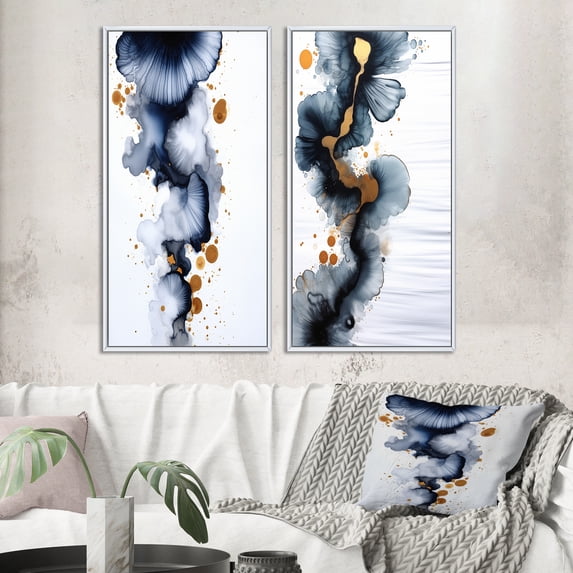 Designart "Suites of Distant Moods Gilded Ink Abstract IV" Abstract Painting Framed Wall Art Set Of 2 - Modern Blue Gallery Wall Frame Set For Home Decor
