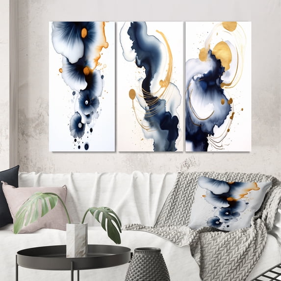 Designart "Suites of Distant Moods Gilded Ink Abstract I" Abstract Painting Wall Art Set Of 3 - Modern Blue Gallery Wall Set For Home Decor
