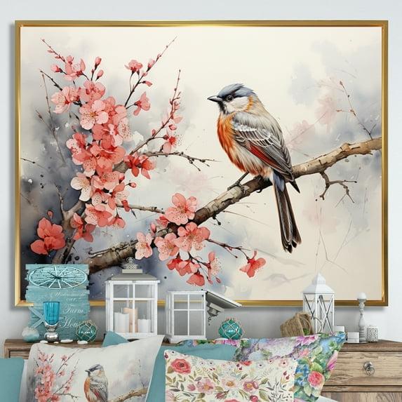 Designart "Sumi Bird Asian Painting III" Asian Floater Framed Wall Art Living Room