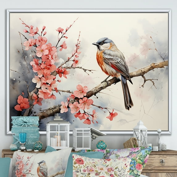 Designart "Sumi Bird Asian Painting III" Asian Floater Framed Wall Art Living Room