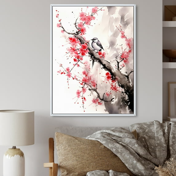 Designart "Sumi Bird Asian Painting VIII" Asian Floater Framed Wall Art Living Room