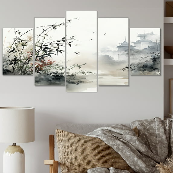 Designart "Sumi Bird Asian Painting XIII" Asian Metal Wall Art Set