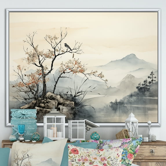 Designart "Sumi Bird Asian Painting XVI" Asian Art Floater Framed Wall Decor