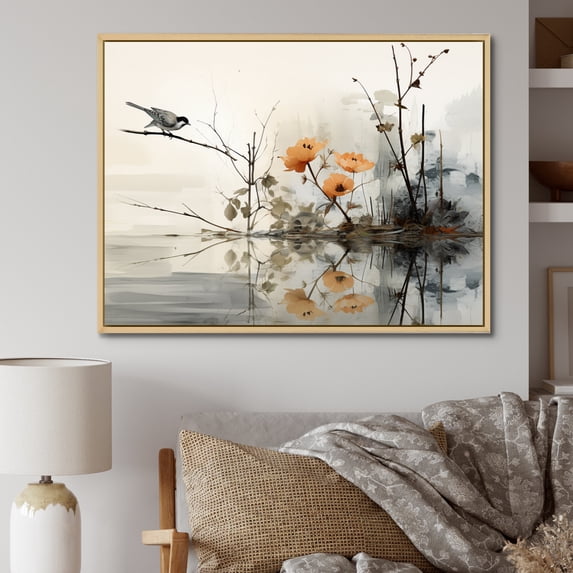 Designart "Sumi Bird Asian Painting XVIII" Asian Floater Framed Wall Art Print