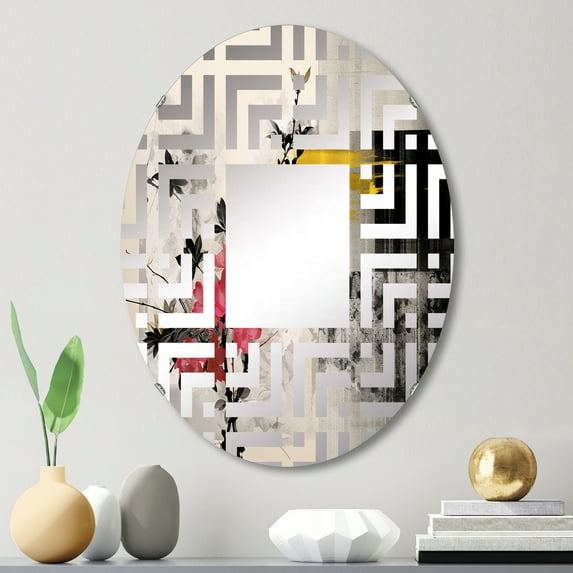 Designart "Sumi Blossom Asian Painting III" Asian Maze Round Wall Mirror - People Oval Printed Decorative Mirror - Multiple Color Options