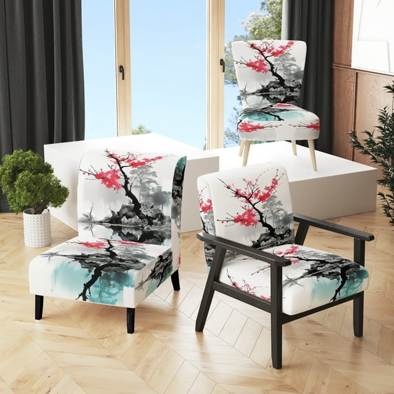 Designart "Sumi Lake Asian Painting I" Pink Asian Upholstered Accent Chair - Global Arm Chair For Living Room