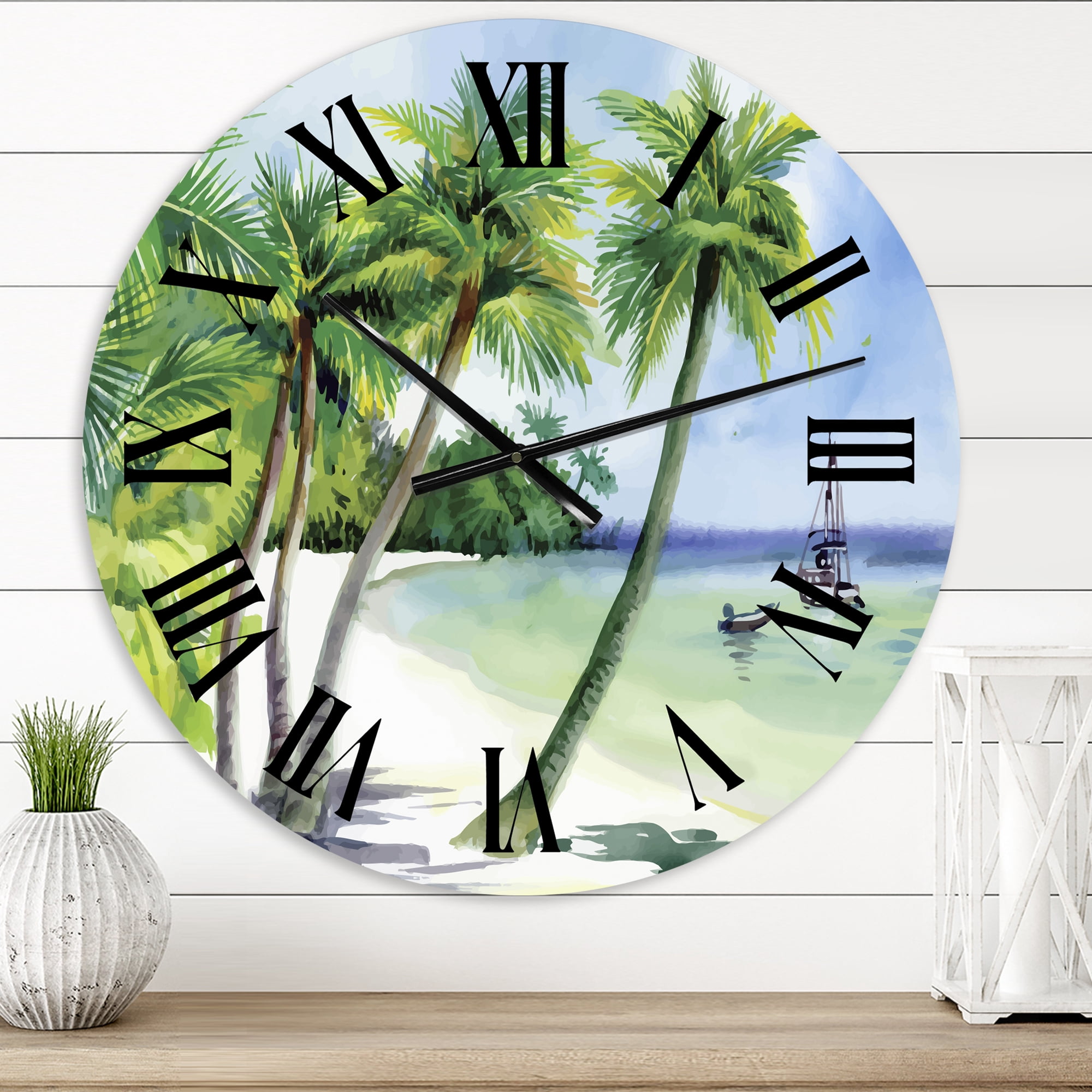 Designart 'Summer Beach With Palm Trees' Nautical & Coastal Wall Clock