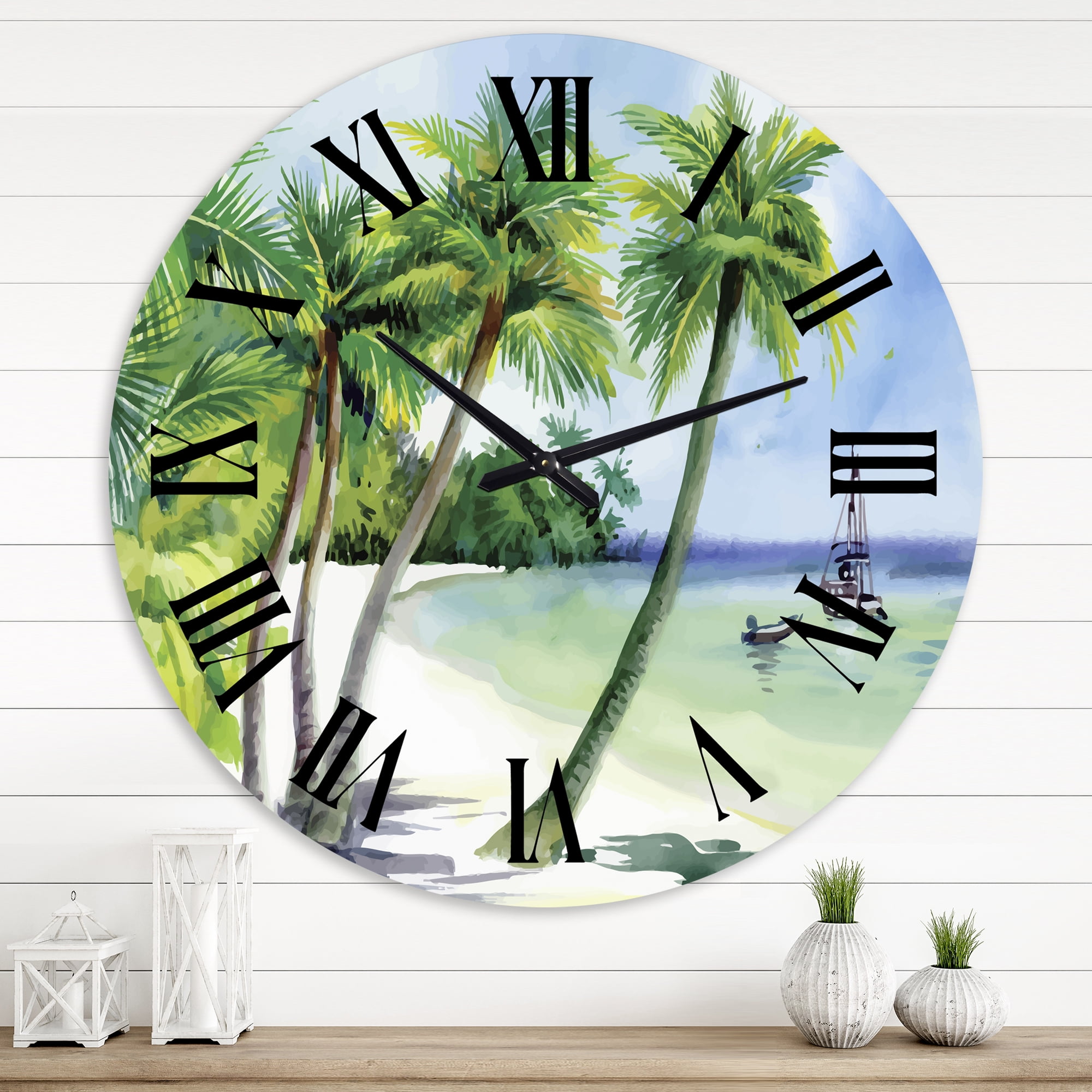 Designart 'Summer Beach With Palm Trees' Nautical & Coastal Wall Clock