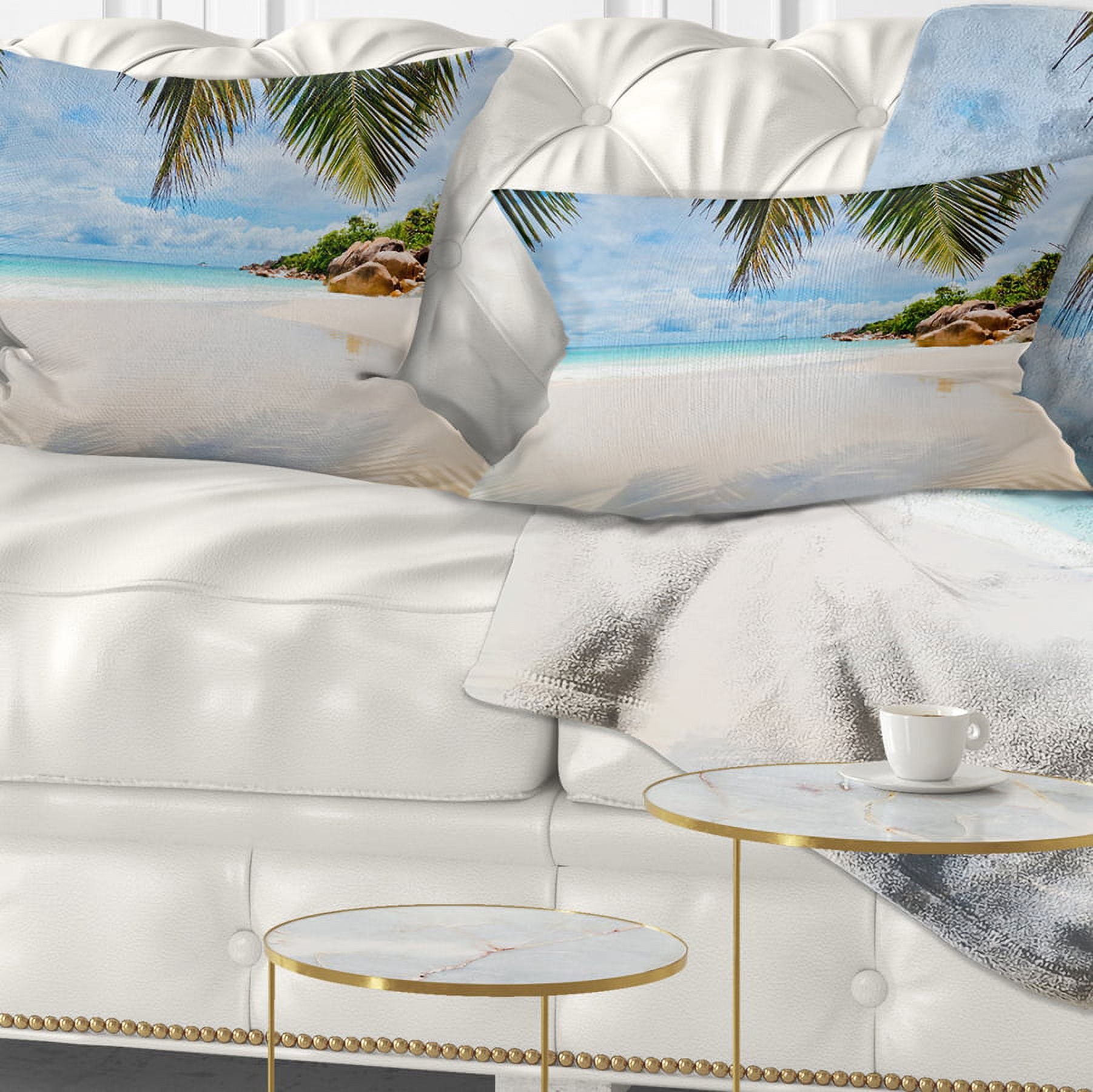 Designart Summer Beach with Palm Leaves - Modern Seascape Throw Pillow - 12x20