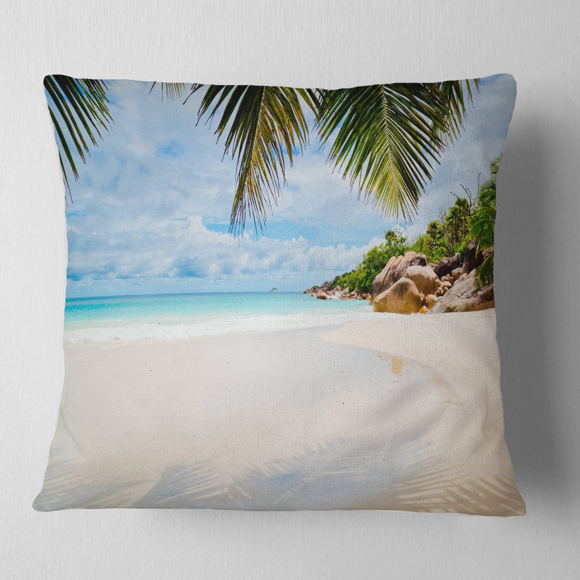 Designart Summer Beach with Palm Leaves - Modern Seascape Throw Pillow - 18x18