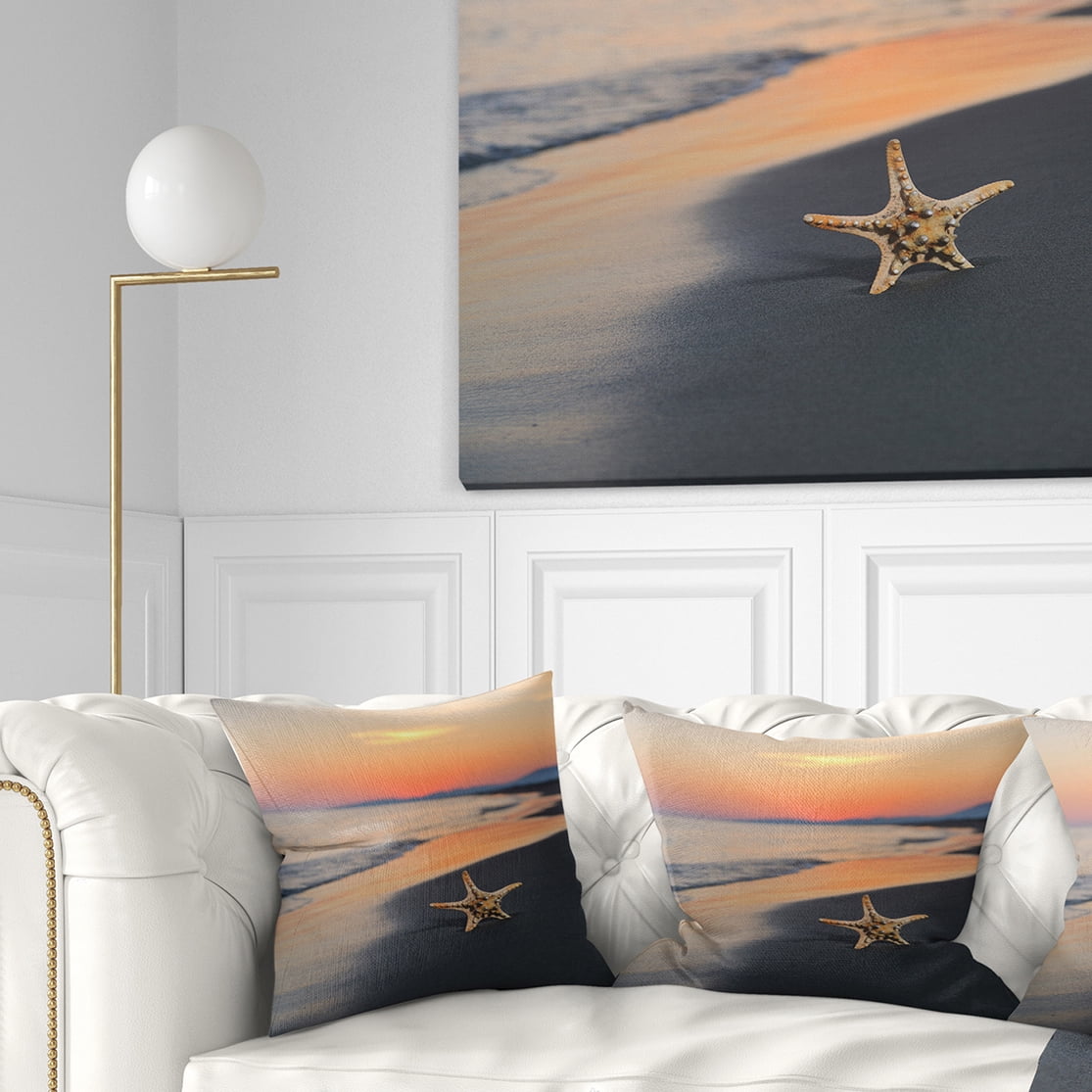 Designart Summer Beach with Starfish - Beach and Shore Throw Pillow - 16x16