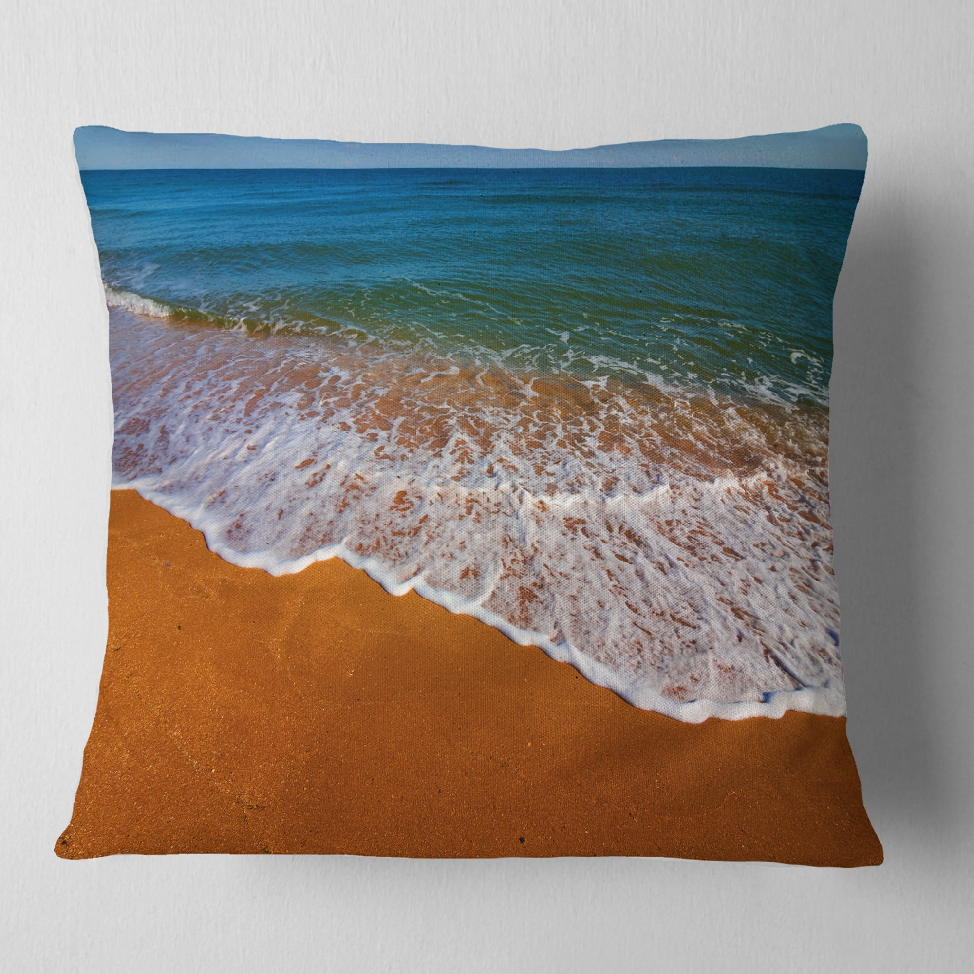 Designart Summer Beach with White Waves - Modern Beach Throw Pillow - 16x16