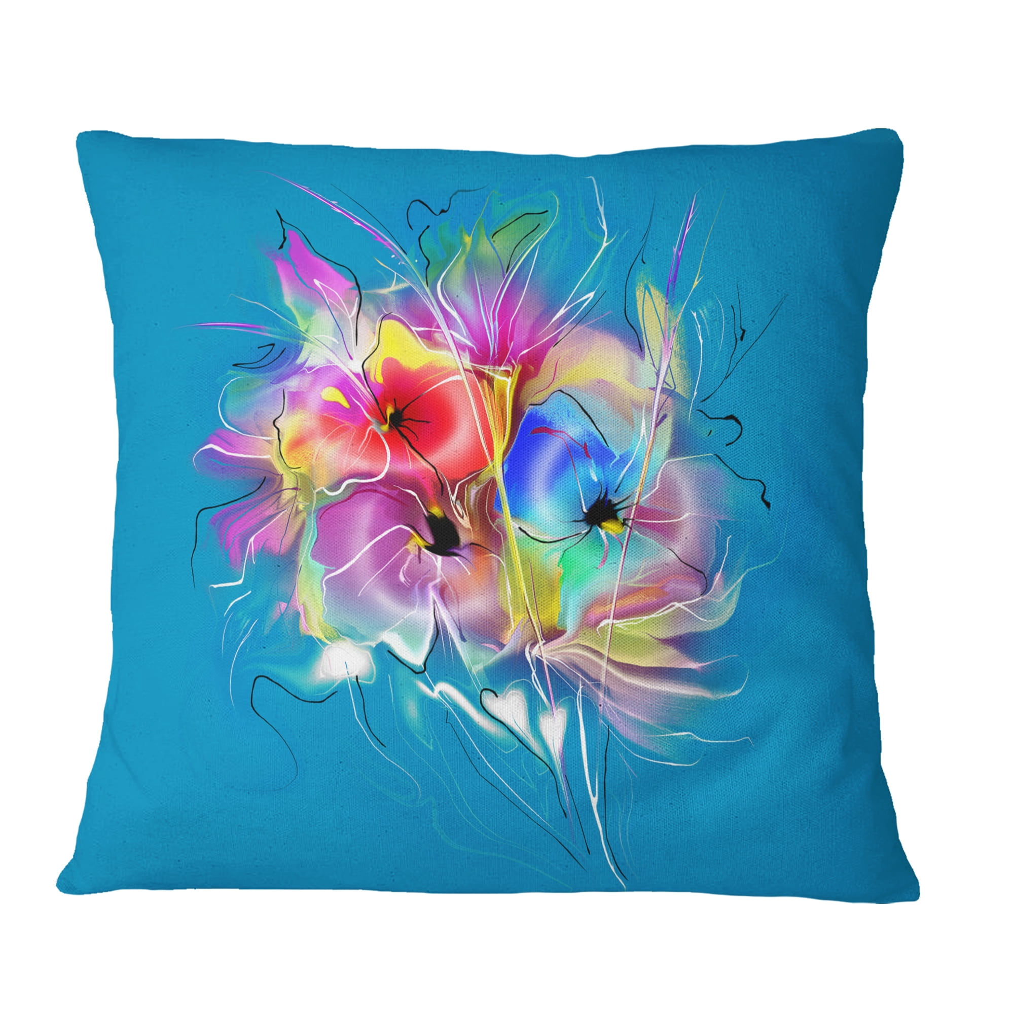 Designart Summer Colorful Flowers on Blue - Floral Throw Pillow - 16x16