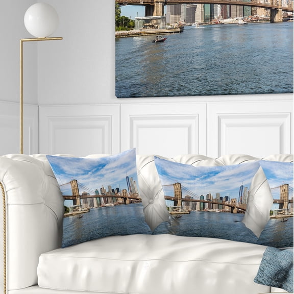 Designart Summer Day Brooklyn Bridge - Cityscape Throw Pillow - 16x16