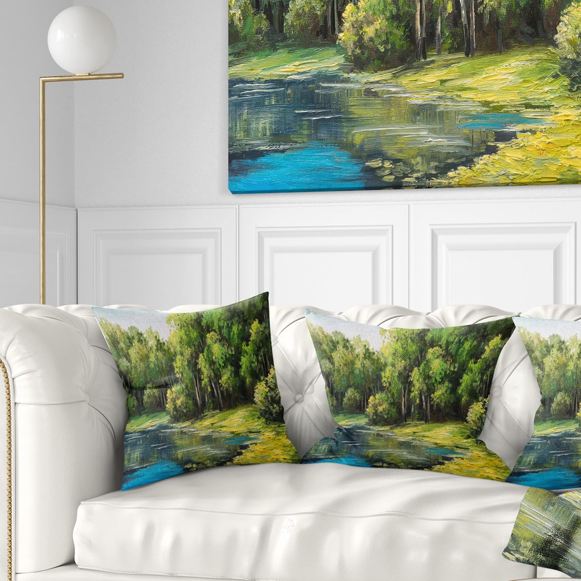 Designart Summer Day Lake in Forest - Landscape Printed Throw Pillow - 16x16