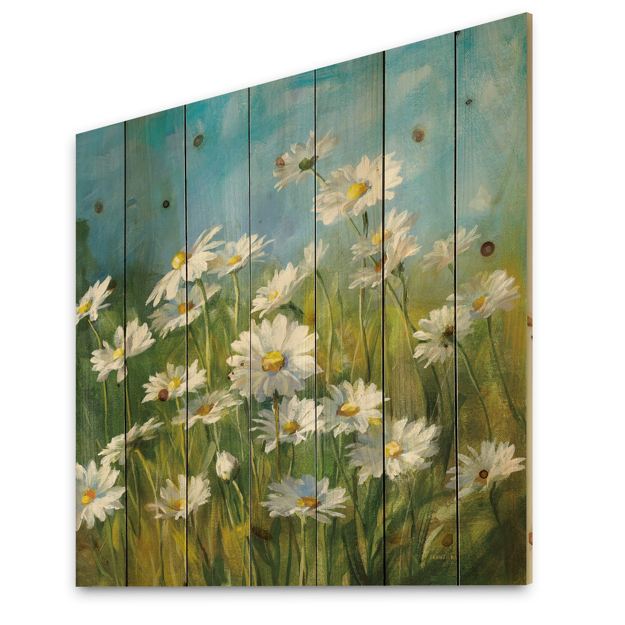 Summer Field Floral Print on Natural Pine Wood Wall Art